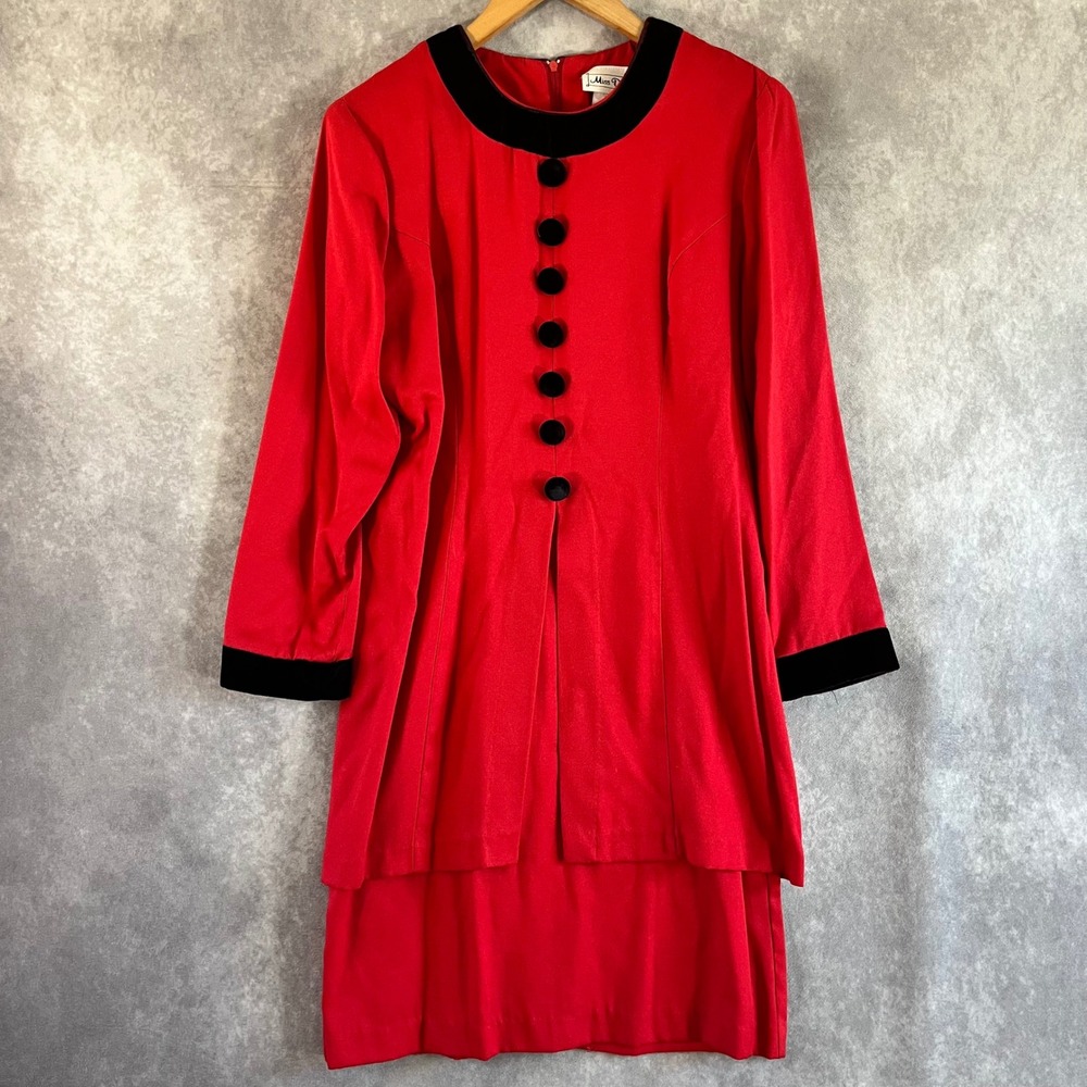 Miss Dorby Dress Womens 10P‎ Red Velvet Trim Long Sleeve Layered Vintage 60s